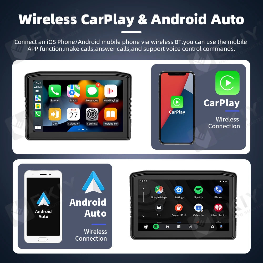 EKIY 6.25" Portable Digital Dashboard Anti Theft Removable Screen Wireless CarPlay Moto Android Auto GPS Motorcycle Navigation