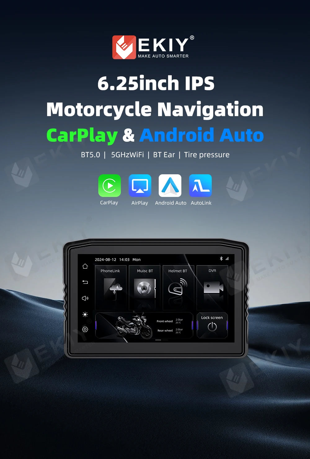 EKIY 6.25" Portable Digital Dashboard Anti Theft Removable Screen Wireless CarPlay Moto Android Auto GPS Motorcycle Navigation