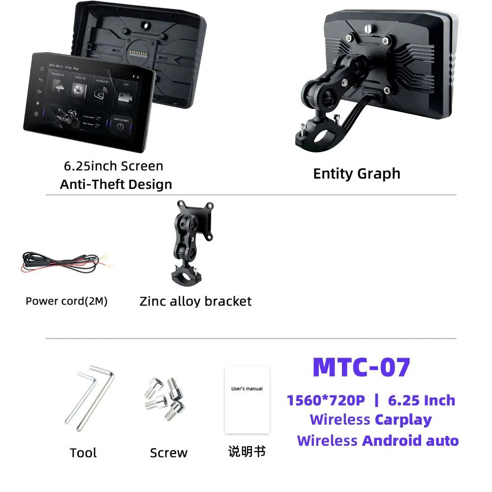 EKIY 6.25" Portable Digital Dashboard Anti Theft Removable Screen Wireless CarPlay Moto Android Auto GPS Motorcycle Navigation