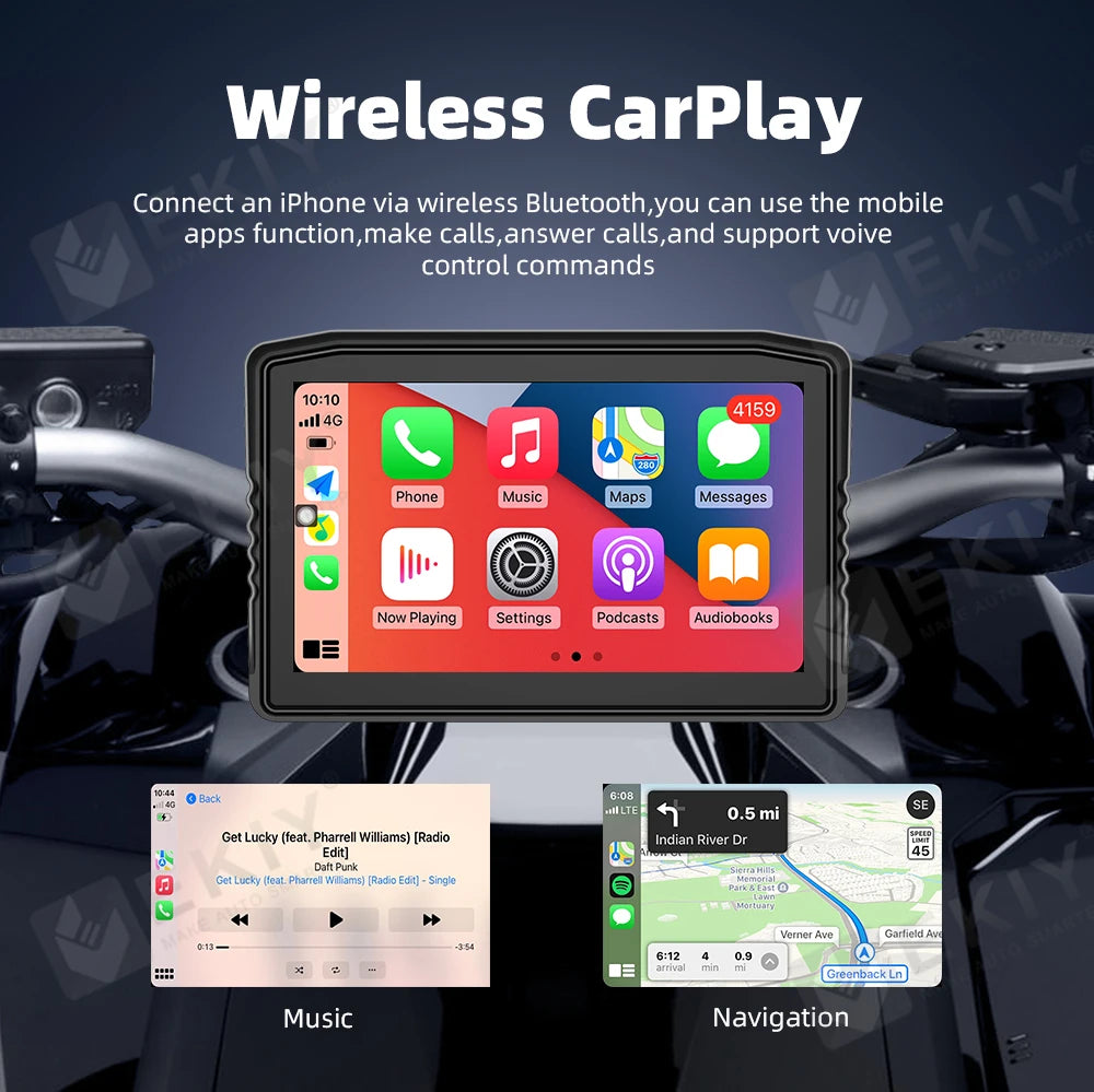 EKIY 6.25" Portable Digital Dashboard Anti Theft Removable Screen Wireless CarPlay Moto Android Auto GPS Motorcycle Navigation