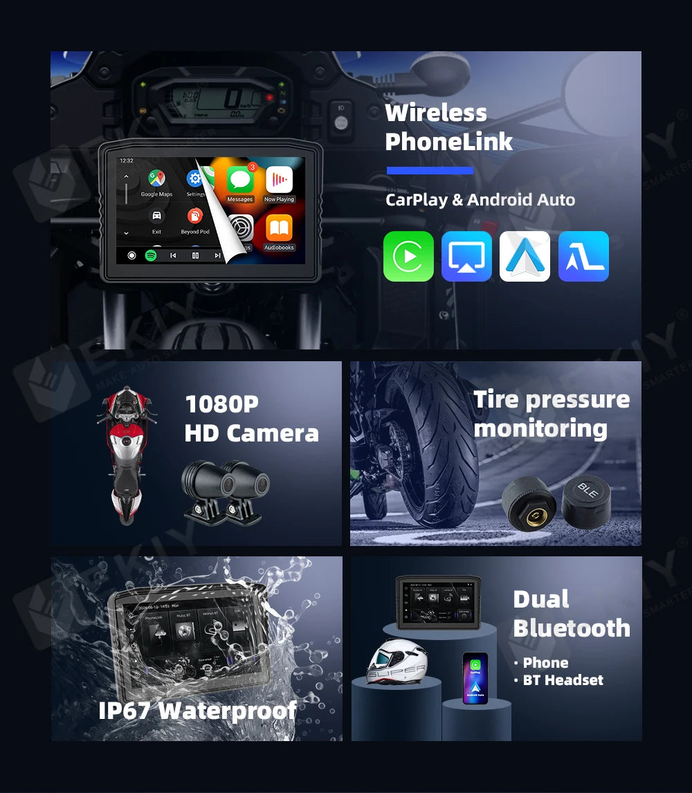 EKIY 6.25" Portable Digital Dashboard Anti Theft Removable Screen Wireless CarPlay Moto Android Auto GPS Motorcycle Navigation