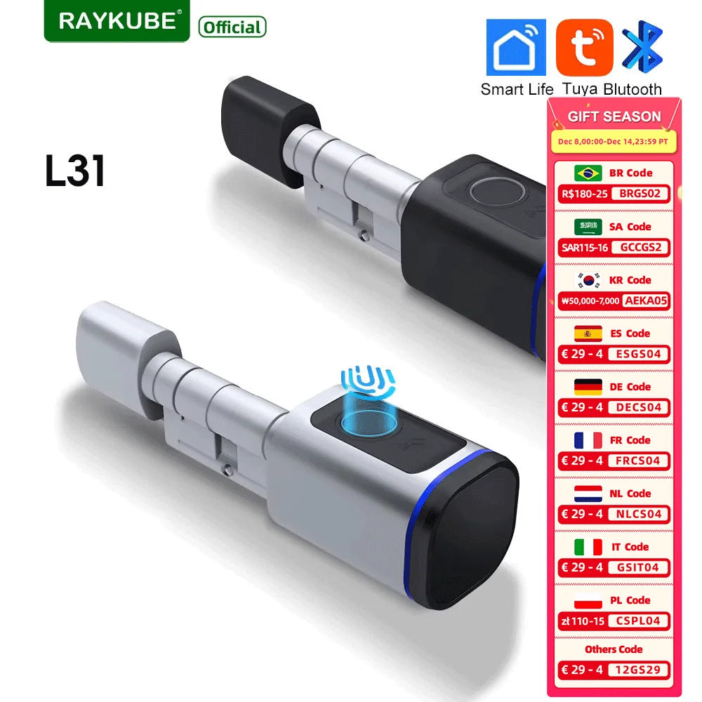 RAYKUBE L31 Tuya BLE Smart Fingerprint Electronic Door Lock Cylinder Lock With Tuya/ Smart Life APP Keys IC Card/NFC Unlock