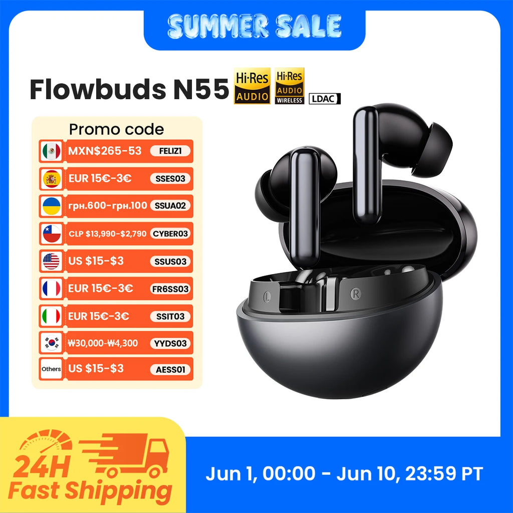 HAYLOU Flowbuds N55 Wireless Earbuds 54dB Adaptive ANC Bluetooth 6.0 LDAC Hi-Res Audio 6-Mic HD Call Earphones 40H Playback IPX5