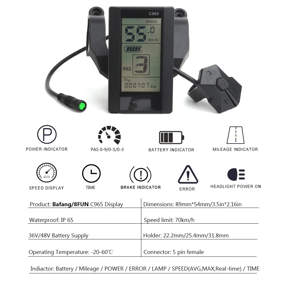 Bafang C965 LCD Display Speed Indicator Electric Bicycle Conversion Mid Motor Hub Motor BBS01B BBS02B 36V 48V 750W E-bike Kits