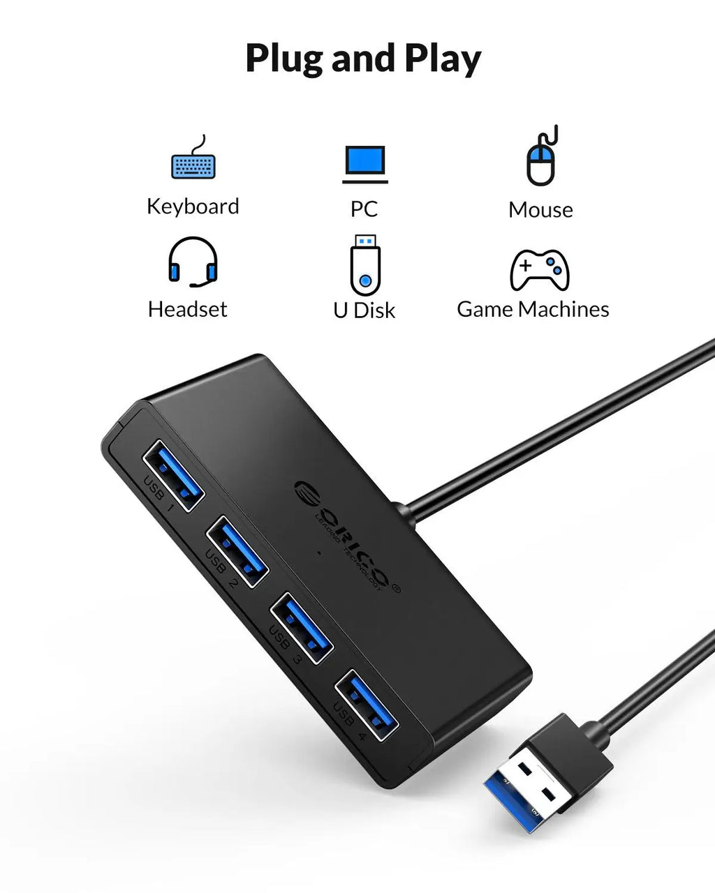 ORICO Hub USB 4 Ports Multi USB 3.0 Hub USB Splitter with Power supply For PC Windows Mac Computer Accessories 30/100/150cm