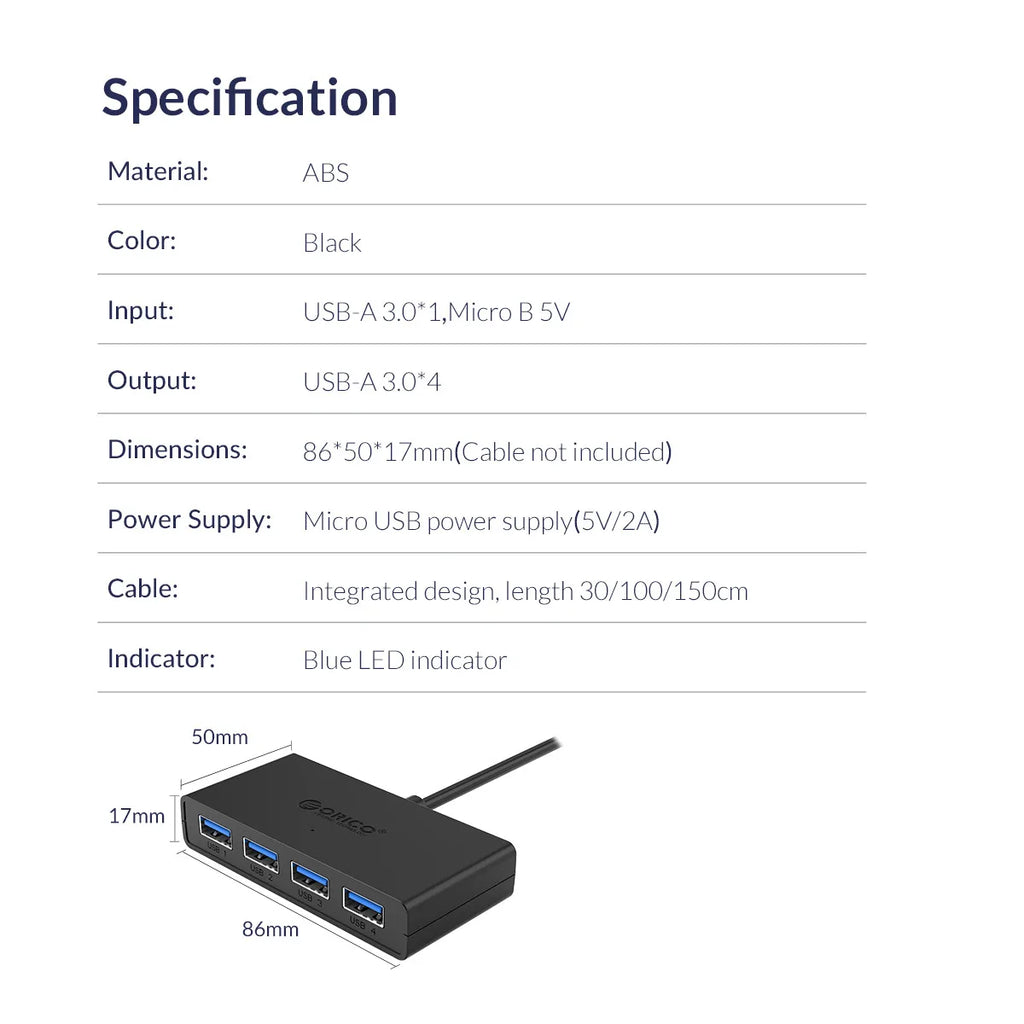 ORICO Hub USB 4 Ports Multi USB 3.0 Hub USB Splitter with Power supply For PC Windows Mac Computer Accessories 30/100/150cm