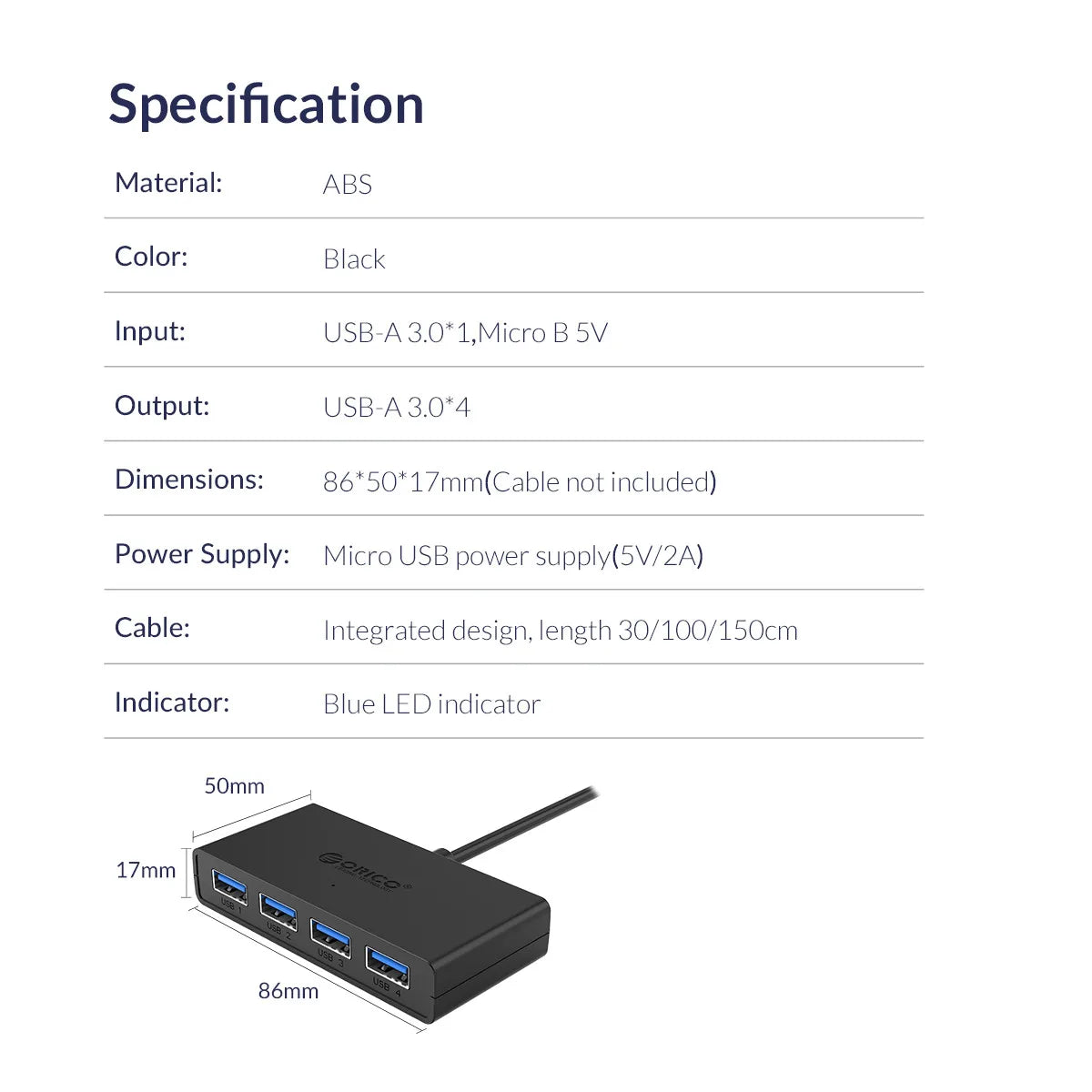 ORICO Hub USB 4 Ports Multi USB 3.0 Hub USB Splitter with Power supply For PC Windows Mac Computer Accessories 30/100/150cm