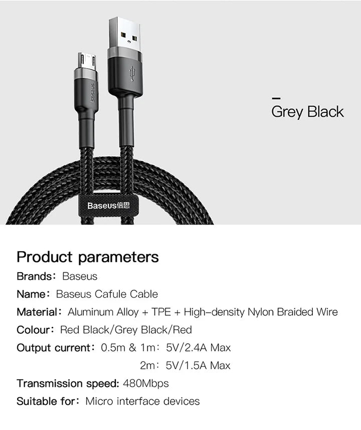 Baseus USB Micro C Cable for Huawei P30, Xiaomi Quick Charge 3.0 Cable Fast Charging for Huawei P30 Xiaomi USB-C Charger Wire