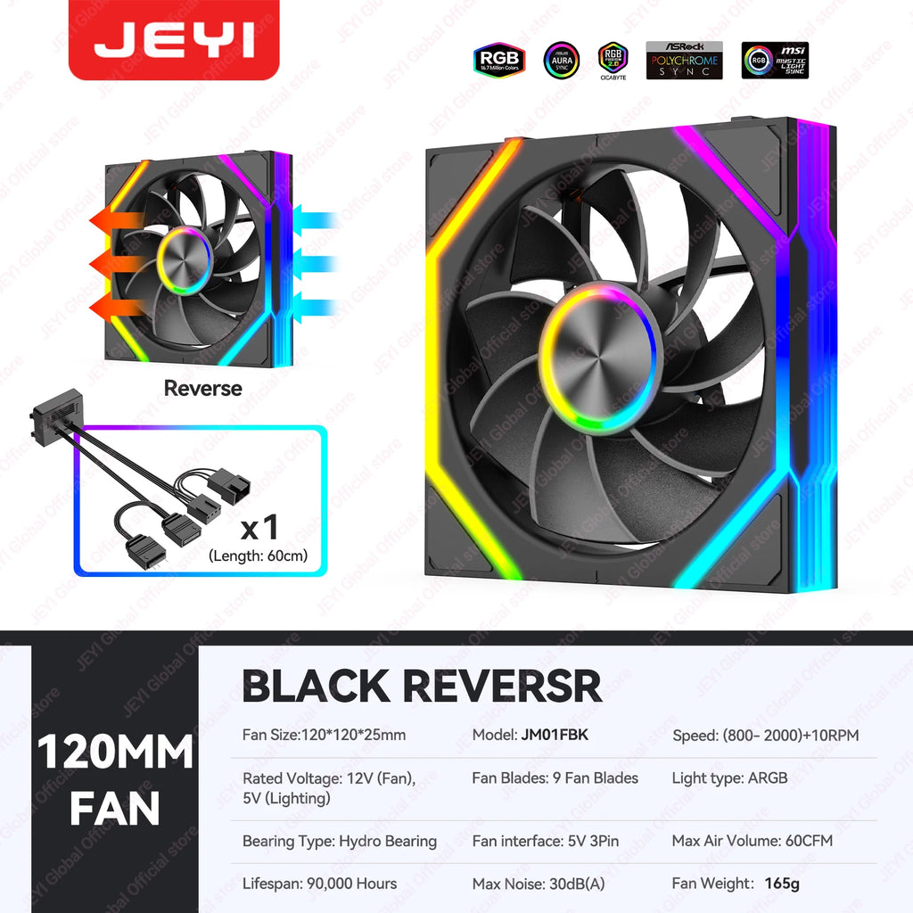 JEYI 12CM ARGB PC Fans Hydro Bearing Fan Infinity Mirror 30dB(A) cooling fan 5V3pin PWM 800-2000RPM Forward/Reverse Blade Fan