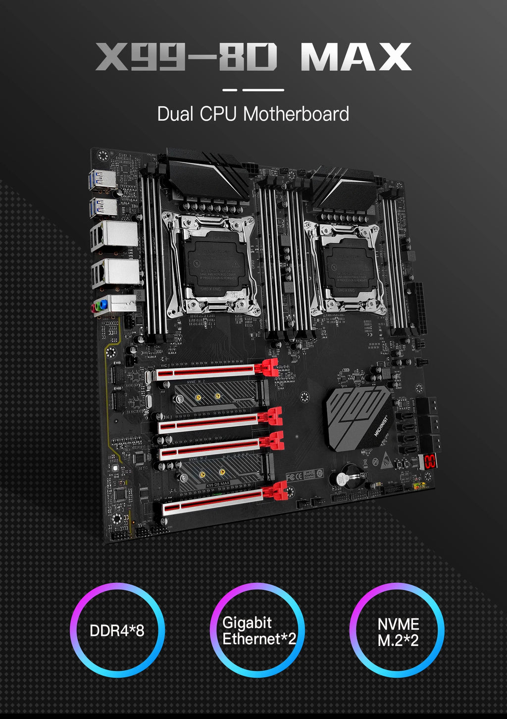 MACHINIST X99 D8 MAX Dual CPU Motherboard Combo Optional Xeon E5 2695 V4 LGA 2011-3 CPU *2 and DDR4 32GB(4*8gb) RAM  TPM2.0