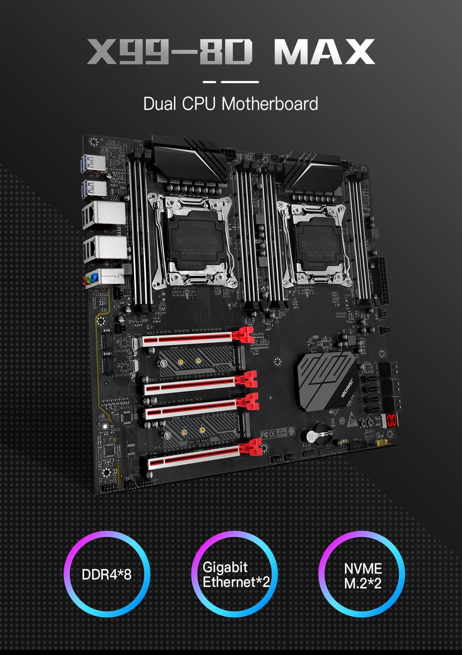 MACHINIST X99 D8 MAX Dual CPU Motherboard Combo Optional Xeon E5 2695 V4 LGA 2011-3 CPU *2 and DDR4 32GB(4*8gb) RAM  TPM2.0