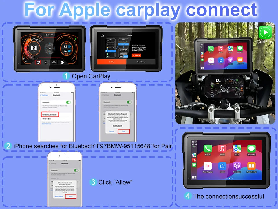7 Inch Wireless CarPlay Moto Android Auto Portable Digital Motorcycle Dashboard GPS Navigation For BMW R1300GS R1250GS Screen
