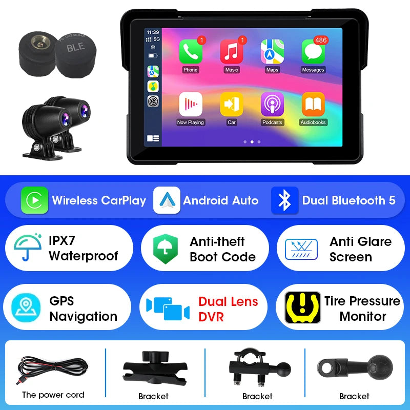 7 inch Portable Motorcycle GPS Navigation IPX7 Waterproof LCD Display For Wireless CarPlay Android Auto Support DVR TPMS