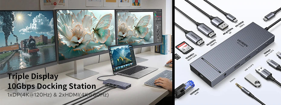 UGREEN 13-in-1 USB-C HUB Triple Display 4K Dual HDMI DP 10Gbps USB3.2 PD100W SD/TF Docking Station for MacBook Pro Air Dell XPS