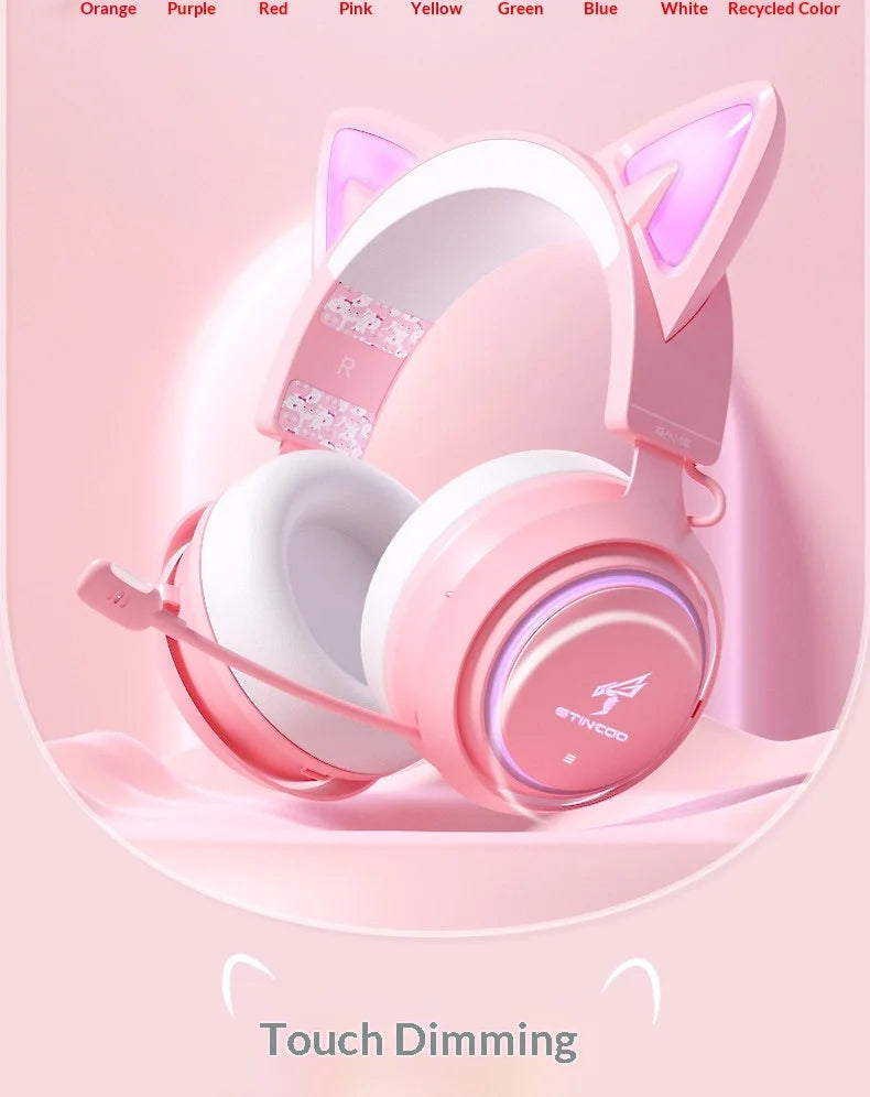 Somic GS510 Gamers Headphone With Microphone Cat Ears Rgb Light Colorful Cute Headset Noise Reduction Girl Gaming Earphones Gif