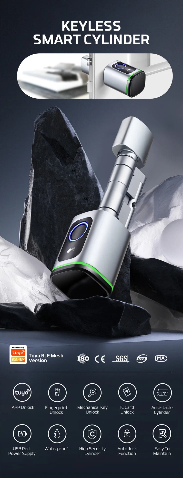 Euro Tuya Smart Fingerprint Electronic lock with Cylinder Tuya BLE Smart Euro lock Lock fechadura APP Remote Control Key Unlock