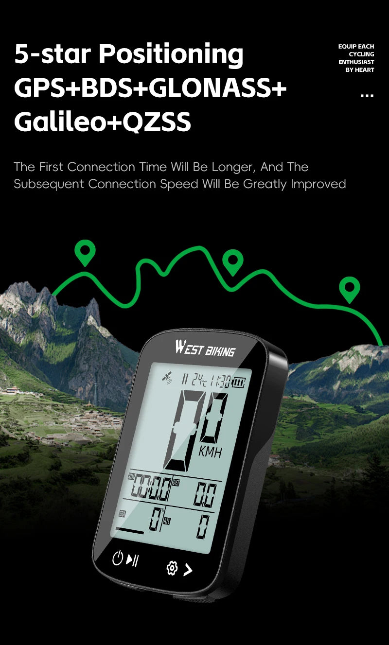 WEST BIKING Intelligent GPS Bicycle Computer Large Screen Wireless Cycling Speedometer IPX7 Waterproof Lightweight Bike Odometer
