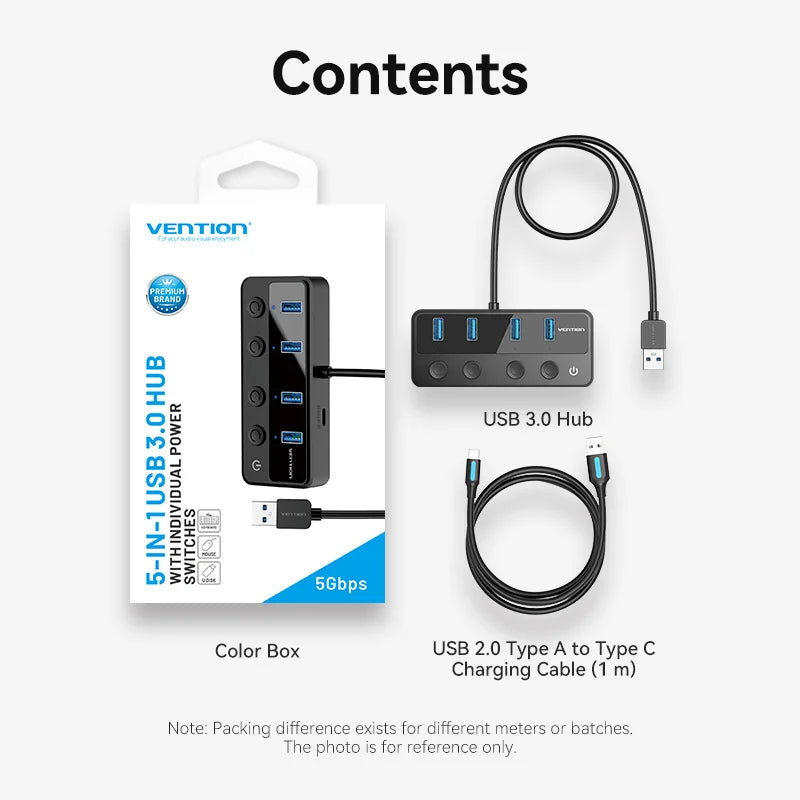 Vention USB A 3.0 HUB High Speed Multi 5Gbps OFF/ON Individual Switch LED Indicator Adapter for PC Laptop USB Ports Extender