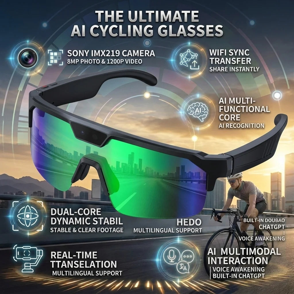 2026 New AI Sport Cycling Smart Glasses 80MP Camera 1200P HD Video Bluetooth 5.3WiFi Open Ear Riding Speaker Real-Time Translate