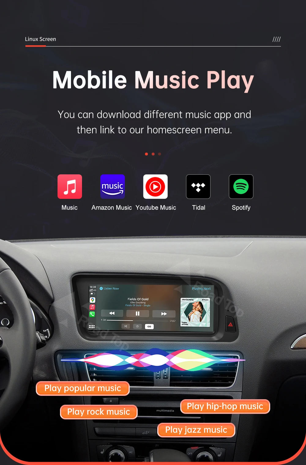 1920*720 RoadTop Linux Touch Screen Multimedia Display For Audi Q5 2009-2017 With Wireless CarPlay Android Auto Airplay Autolink