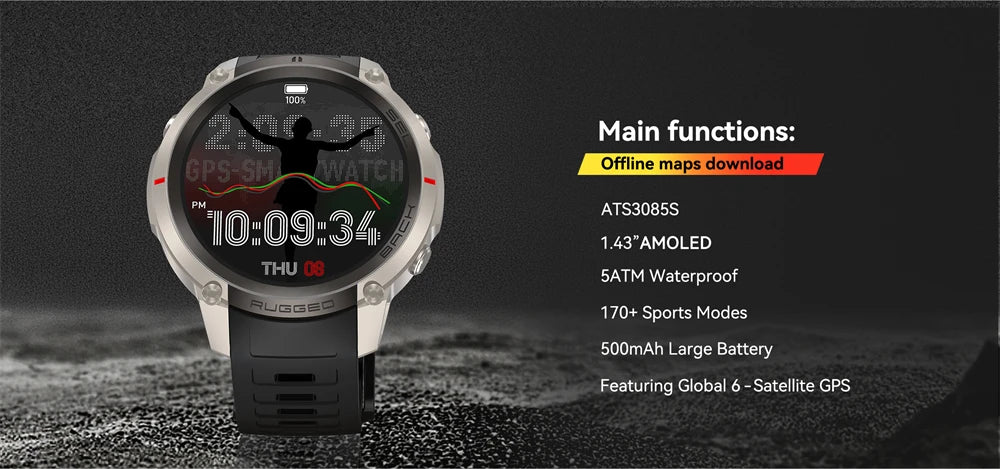 Outdoor Tactical GPS Smart Watch Offine Map Compass Heart Rate Monitor Fitness Tracker 5ATM Waterproof Adventure Sports Watches