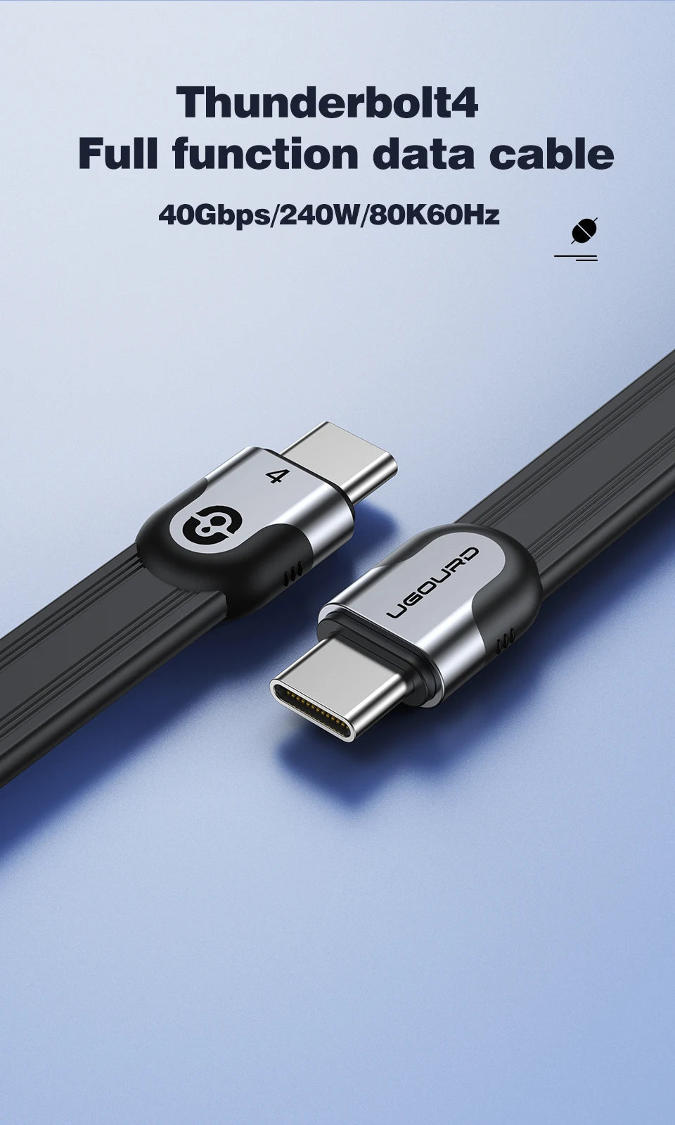 40Gbps Thunderbolt 4 USB C Full Function Cable Flat USB 4 Date Cable 0.15m 1m 8K PD 240W Cord for Thunderbolt3 iPhone 15/16 SSD