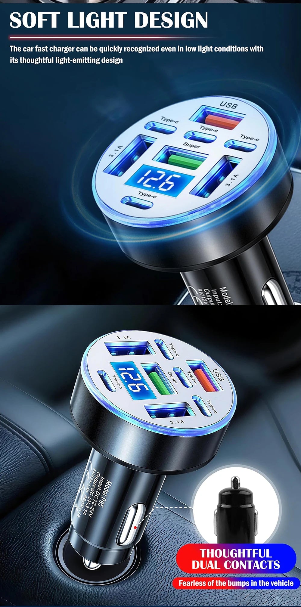 UYUXIO Multi Port USB C Car Charger Adapter 8 in 1 with Voltage Display Iight QC 4.0 PPS Super Fast Charge with Volt Meter