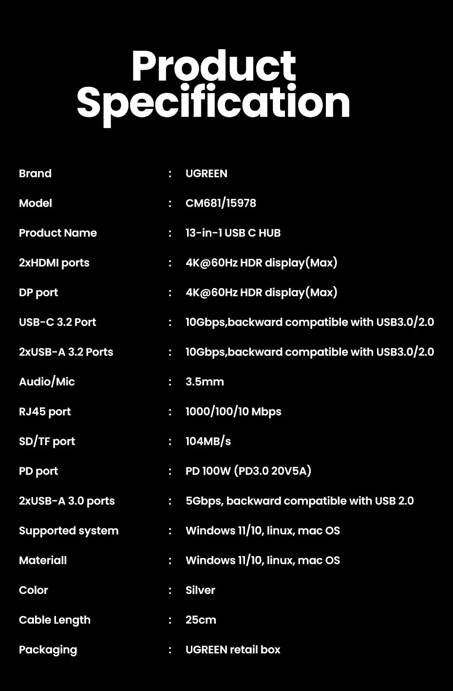 UGREEN 13-in-1 USB-C HUB Triple Display 4K Dual HDMI DP 10Gbps USB3.2 PD100W SD/TF Docking Station for MacBook Pro Air Dell XPS