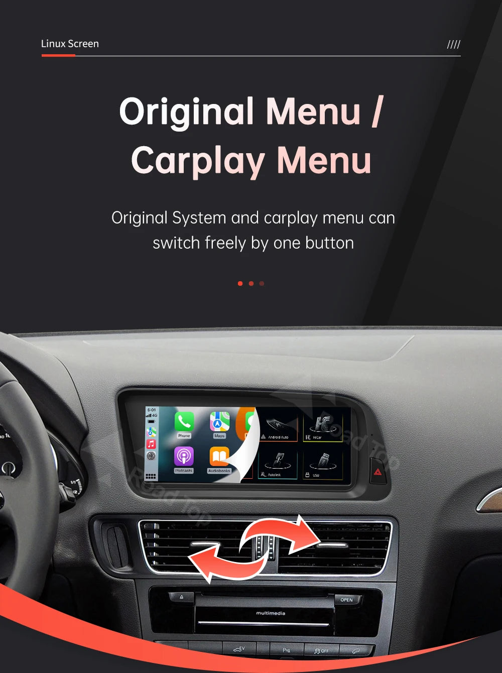 1920*720 RoadTop Linux Touch Screen Multimedia Display For Audi Q5 2009-2017 With Wireless CarPlay Android Auto Airplay Autolink