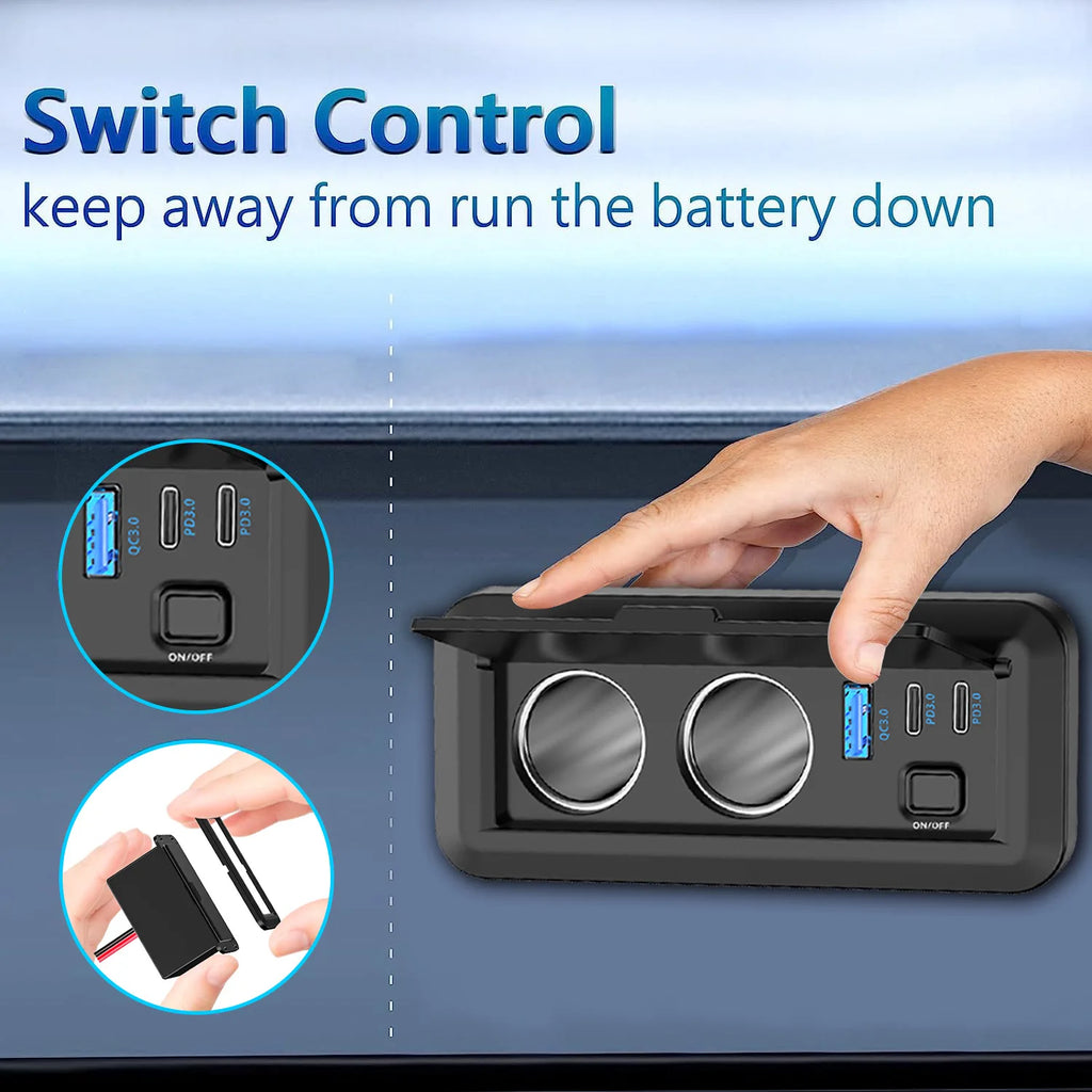 12V 3 Port Car Cigarette Lighter Socket Dual PD3.0 USB Outlet Car Charger Port with ON-OFF Switch for Marine Bus Boat Marine RV