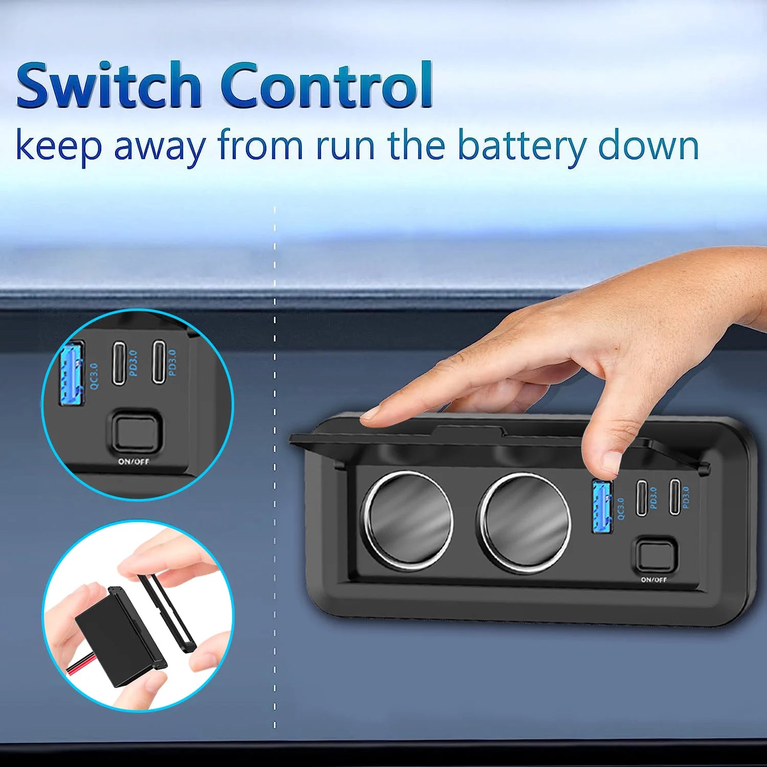 12V 3 Port Car Cigarette Lighter Socket Dual PD3.0 USB Outlet Car Charger Port with ON-OFF Switch for Marine Bus Boat Marine RV