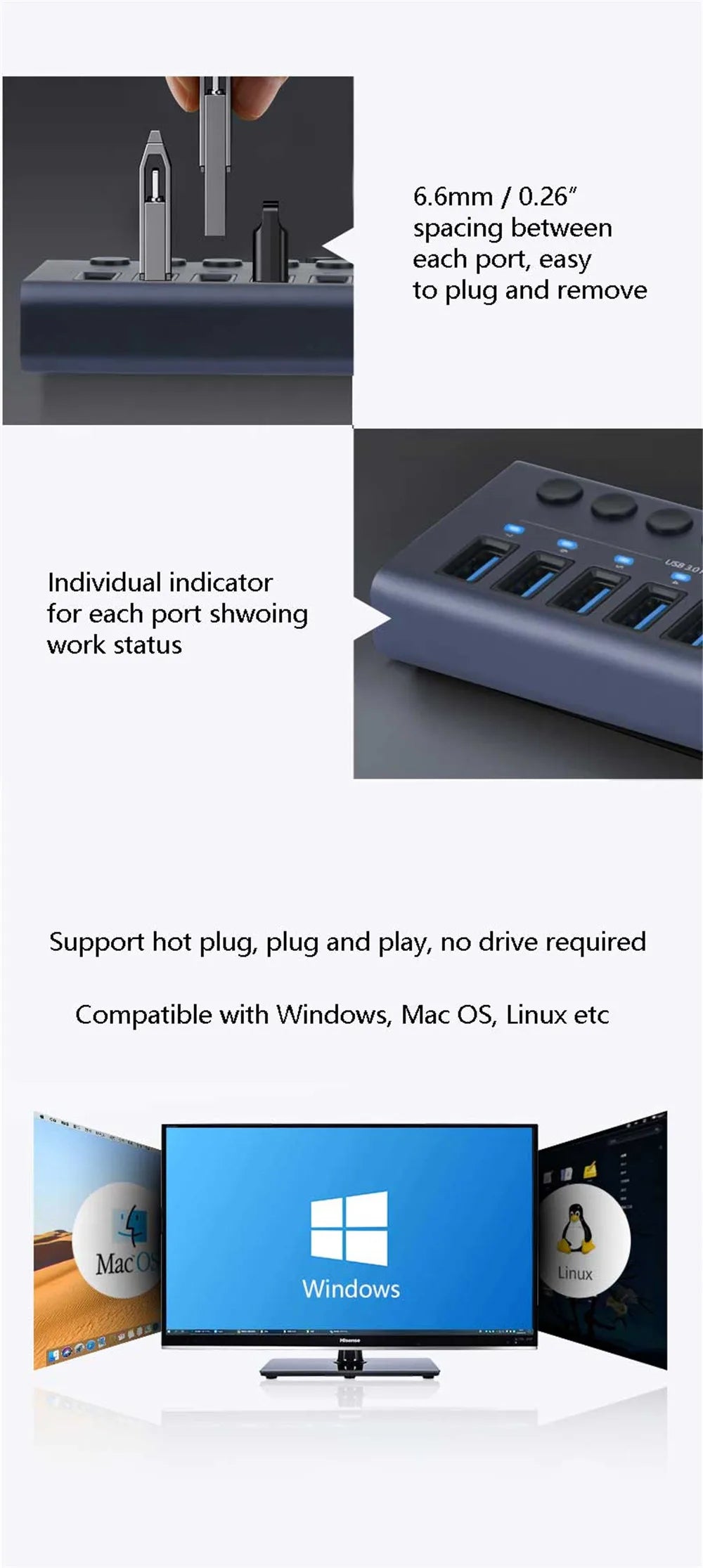 MZX 10/7/4-Port USB 3.0 A Hub Aluminum Multi-Hub Splitter Concentrator Extensior Dock Switch Adapter for PC Laptop Accessories