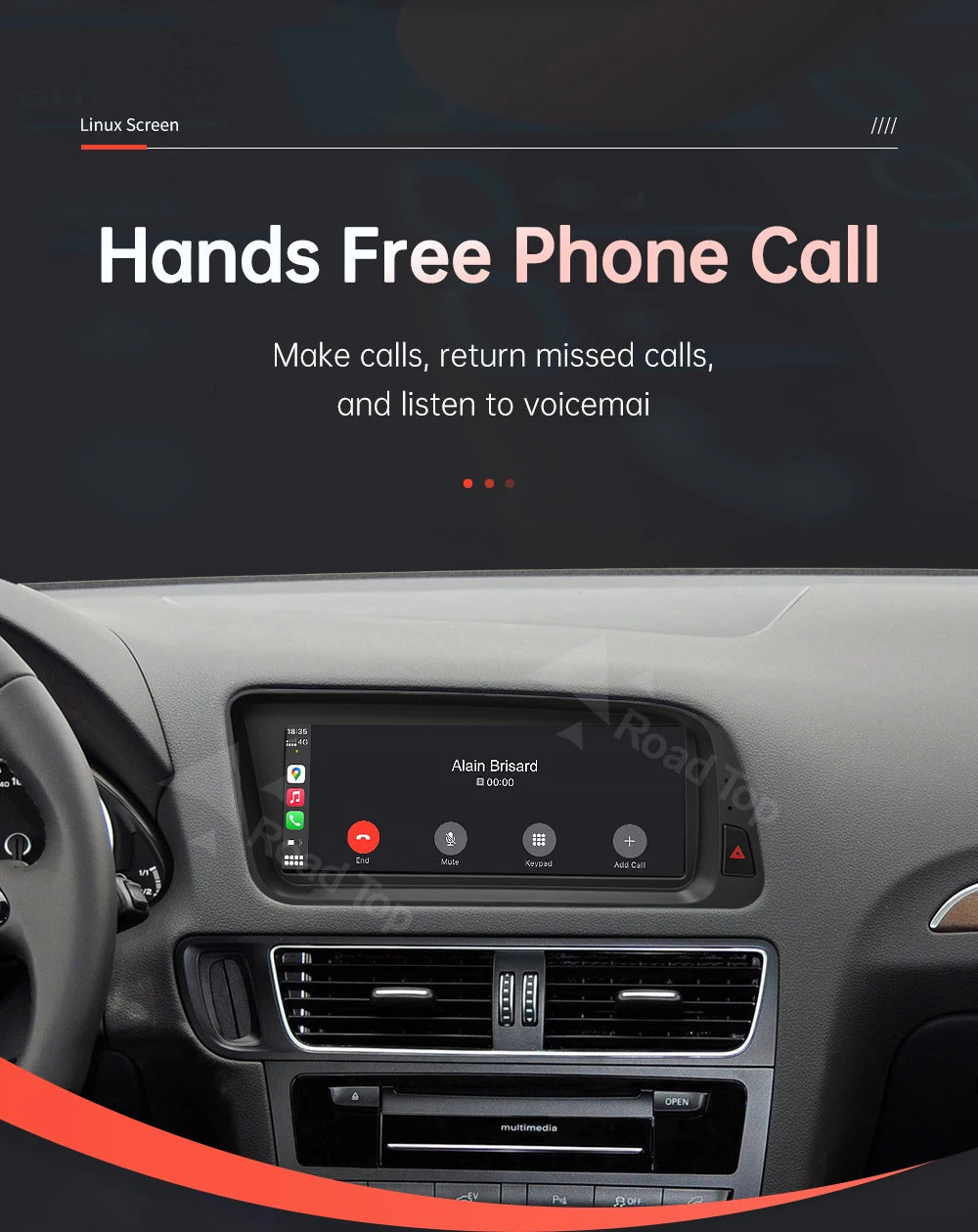 1920*720 RoadTop Linux Touch Screen Multimedia Display For Audi Q5 2009-2017 With Wireless CarPlay Android Auto Airplay Autolink