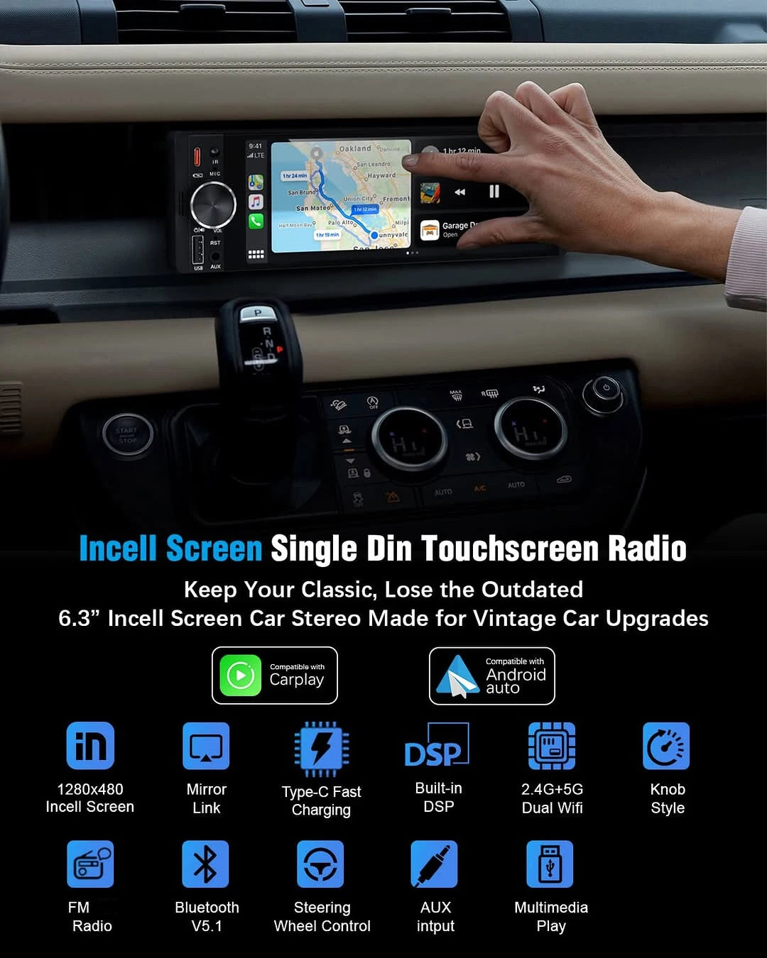1DIN 6.86inch Universal MP5 Car Radio Support Wireless Carplay Android AUTO AUX USB BT Touch Screen Multimedia Video Player