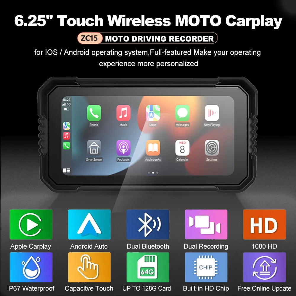Freedconn Wireless CarPlay Android Auto 6.25 inch Carplay Motorcycle DVR Navigation GPS Digital Dashboard Display Screen