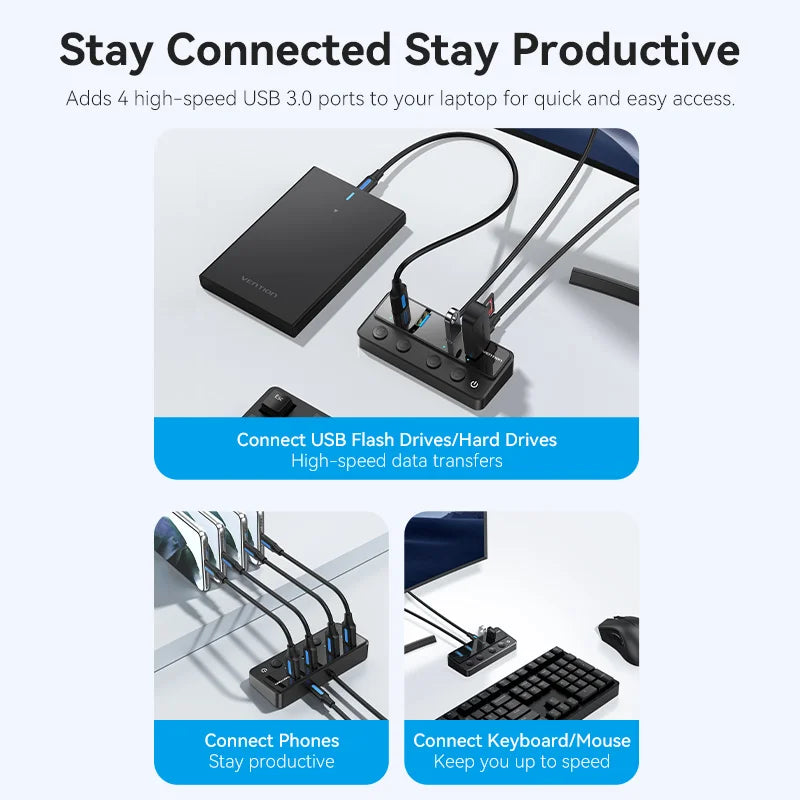 Vention USB A 3.0 HUB High Speed Multi 5Gbps OFF/ON Individual Switch LED Indicator Adapter for PC Laptop USB Ports Extender