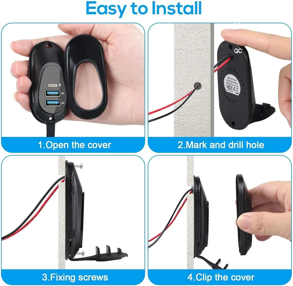 3-Ports 12V-24V Car Charger USB Outlet Type-C PD3.0 Dual QC3.0 Panel Wall Surface Mount Fast Charger Adapter for RV Marine Bus
