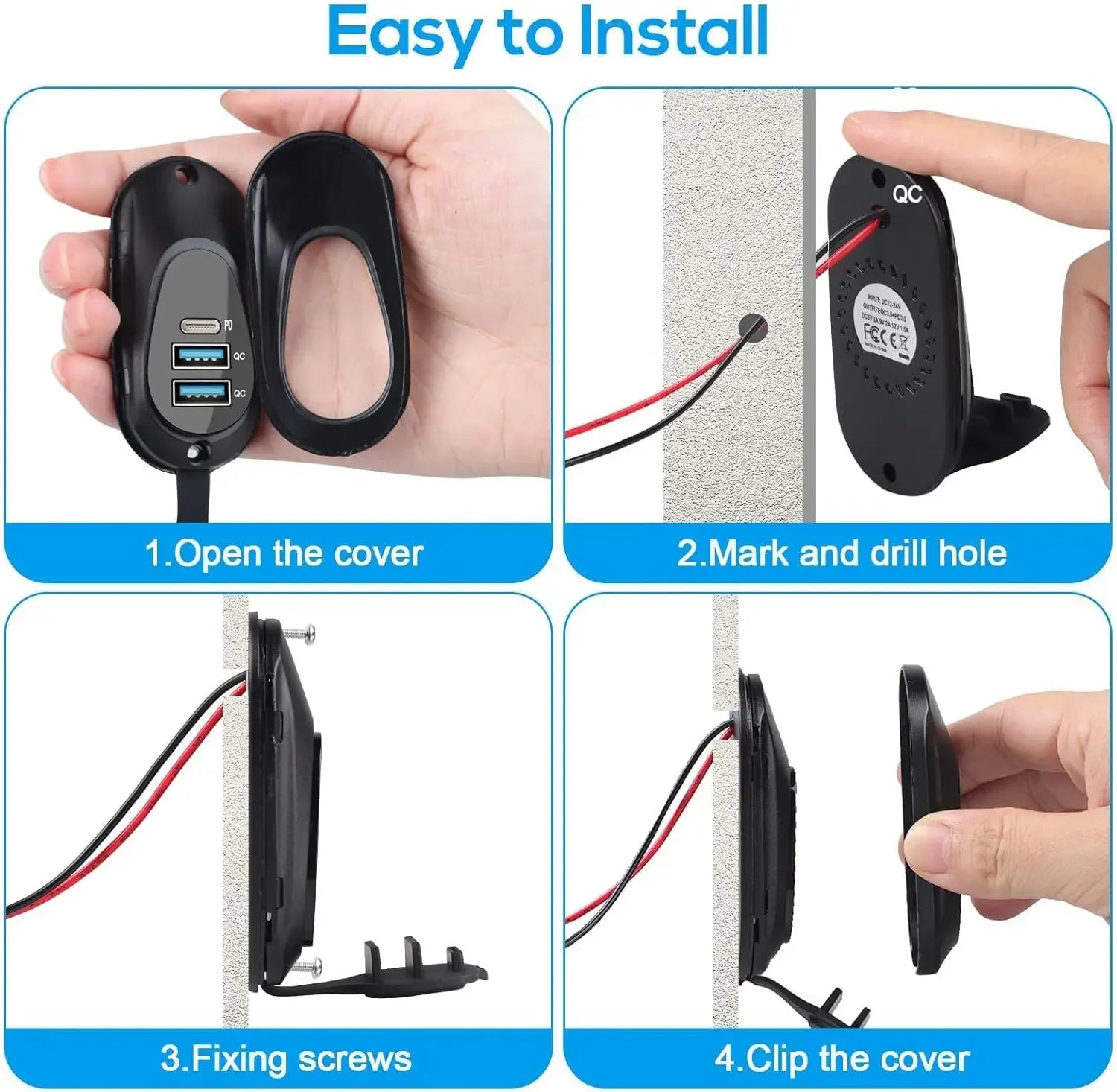 3-Ports 12V-24V Car Charger USB Outlet Type-C PD3.0 Dual QC3.0 Panel Wall Surface Mount Fast Charger Adapter for RV Marine Bus
