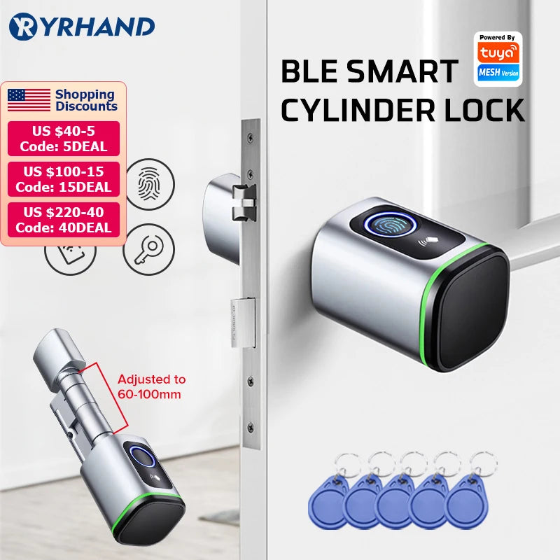 Euro Tuya Smart Fingerprint Electronic lock with Cylinder Tuya BLE Smart Euro lock Lock fechadura APP Remote Control Key Unlock