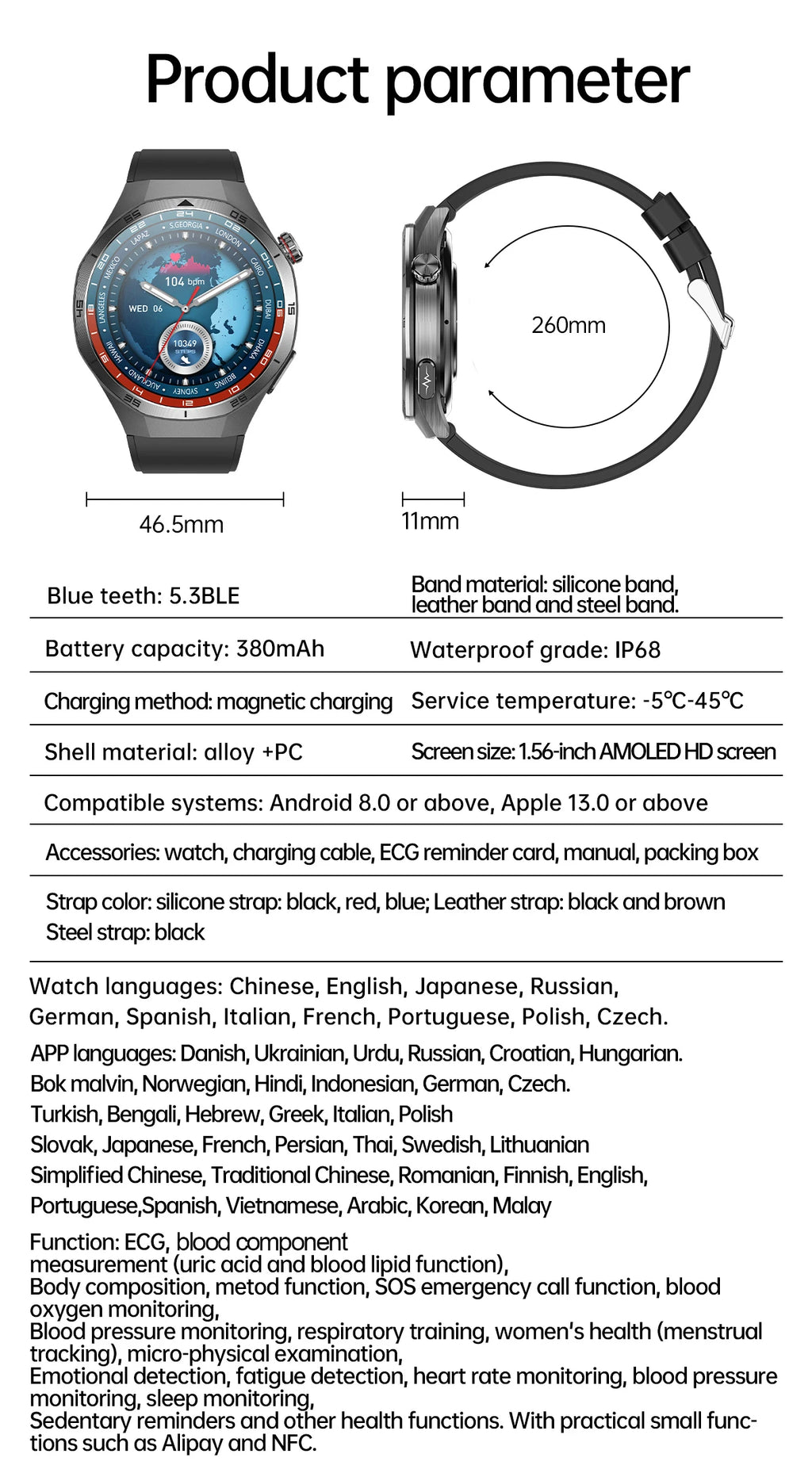 2026 Health Nursing Grade New Blood pressure Smart Watch Men Lipid Uric Acid Tracker ECG+PPG Clock HD Call NFC Smartwatch Women