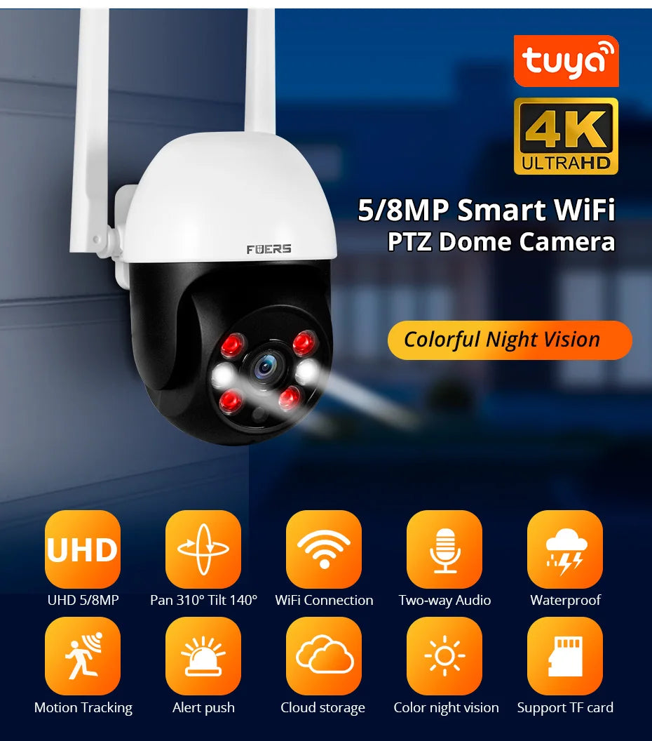 Fuers 8MP 4K IP Camera Outdoor Home Security Auto Tracking AI Human Detection WIFI CCTV Surveillance Camera Work With Tuya Smart