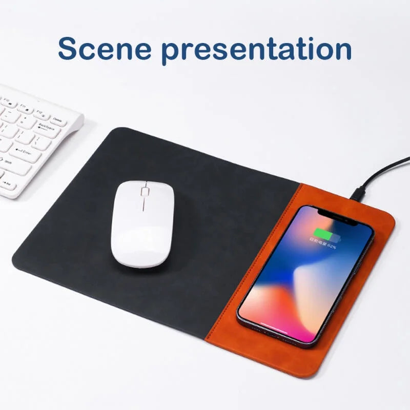 Mouse Pad with 15W Phone Wireless Fast Charging 2 in 1 PU Leather Gaming Mousepad for PC Computer Laptops Office Accessories