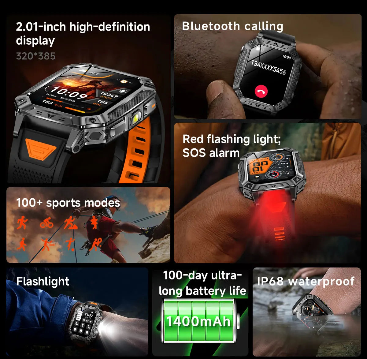 2026 New Built-in 1400mAh Super Large Battery Men Smart Watch Outdoor GPS 2.01"AMOLED Screen 10ATM Waterproof BT Call Smartwatch