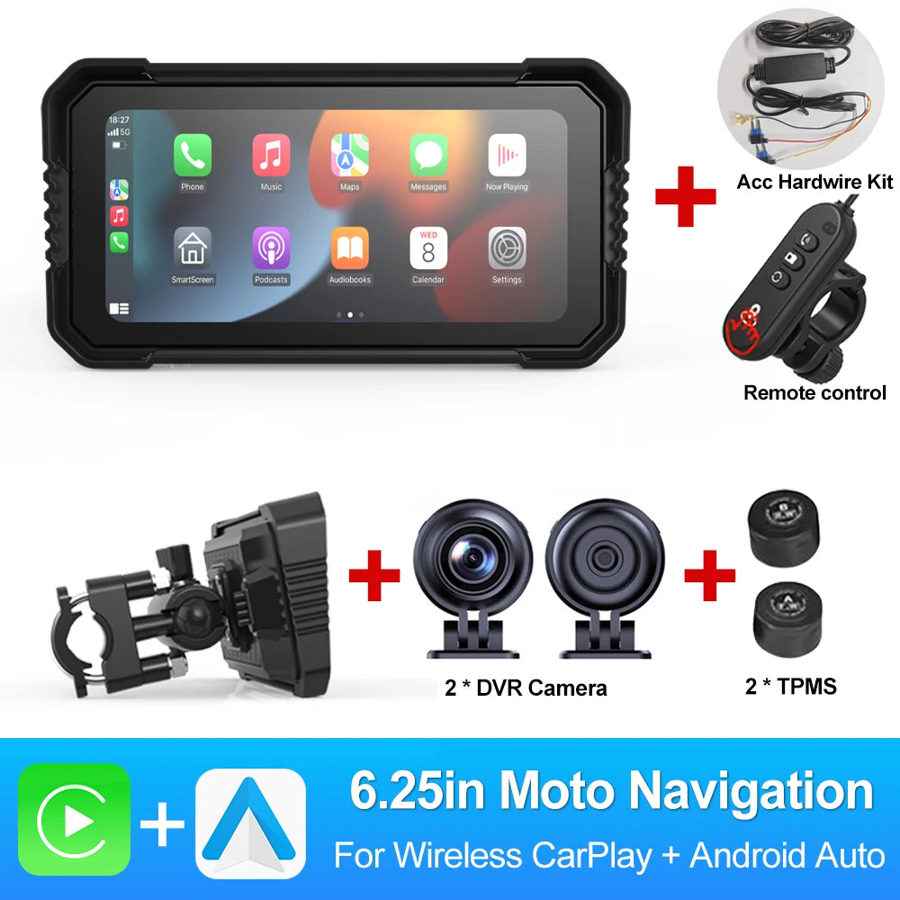 Freedconn Wireless CarPlay Android Auto 6.25 inch Carplay Motorcycle DVR Navigation GPS Digital Dashboard Display Screen