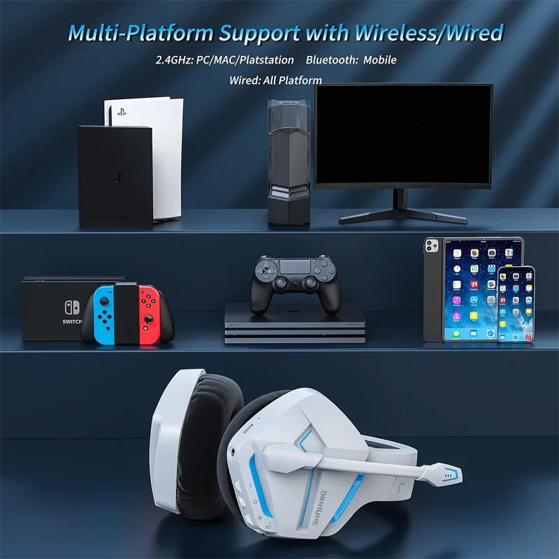 BINNUNE 2.4GHz Wireless Gaming Headset Bluetooth 5.3 Gaming Headphone with Noise Canceling Mic Multi-Platform for PS5/PS4/Switch