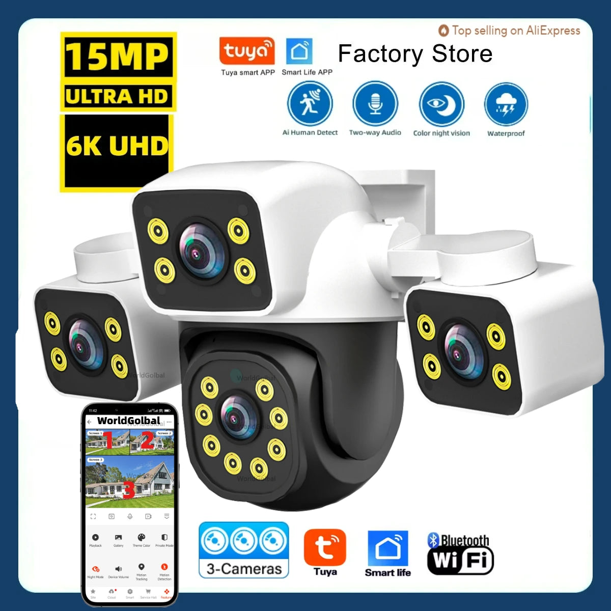 Tuya 15MP Three Lens 10MP Dual Lens Tuya Wifi Camera PTZ Outdoor Wireless Security Camera AI Human Monitoring Video Surveillance