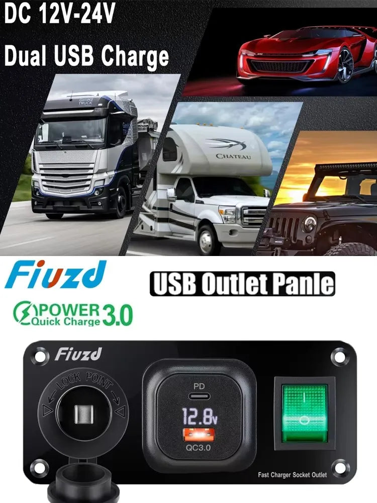 12/24V USB C Outlet Panel Cigarette Lighter Socket Dual USB Car Charger Socket Adapter QC 3.0 Car Fast Charge for Bus RV Boat