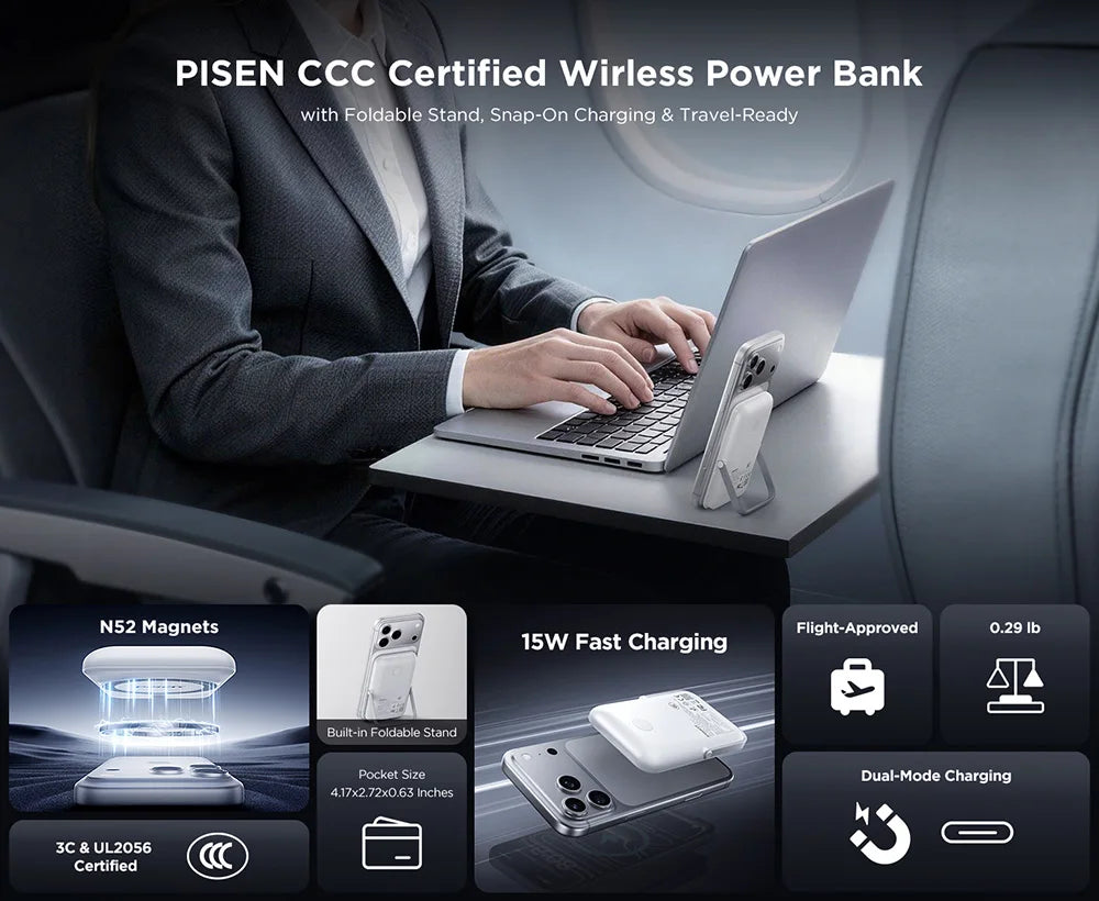 PISEN Magnetic Wireless Power Bank 5000mAh With Foldable Stand Fast Charging Portable Charger Bank For MagSafe iPhone Samsung