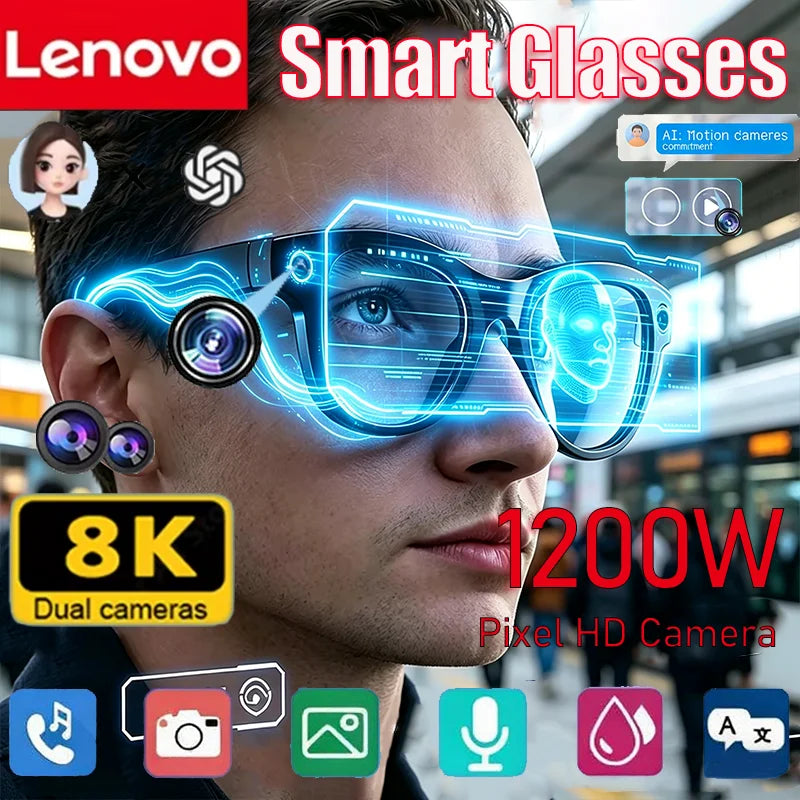 Lenovo 8K AI Glasses New AI Translation 1200MP HD Camera Shooting Image Bluetooth Call Recording Music AI Smart Sunglasses 2026