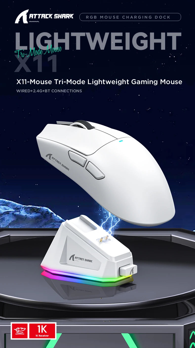 ATTACK SHARK X11-Mouse Tri-Mode Lightweight Gaming Mouse,PAW3311,22000DPI,400IPS,40G,1K Return Rate,Magnetic Fast Charging